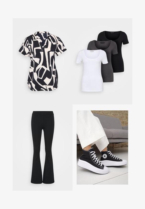 Blusa a maniche corte in navy e crema con un motivo geometrico astratto, dotata di scollatura a V e vestibilità comoda. Tessuto strutturato.; Tre T-shirt aderenti in bianco, grigio e nero. Ognuna presenta un ampio scollo a barca e maniche corte. Realizzate in un tessuto morbido e elastico.; Pantaloni neri a zampa d'elefante realizzati in tessuto elasticizzato, con una vita alta e una superficie liscia. I pantaloni si allargano a partire dal ginocchio.; Sneaker alte nere in tela con suole e lacci bianchi. Presentano un logo circolare sul lato e cuciture bianche a contrasto.