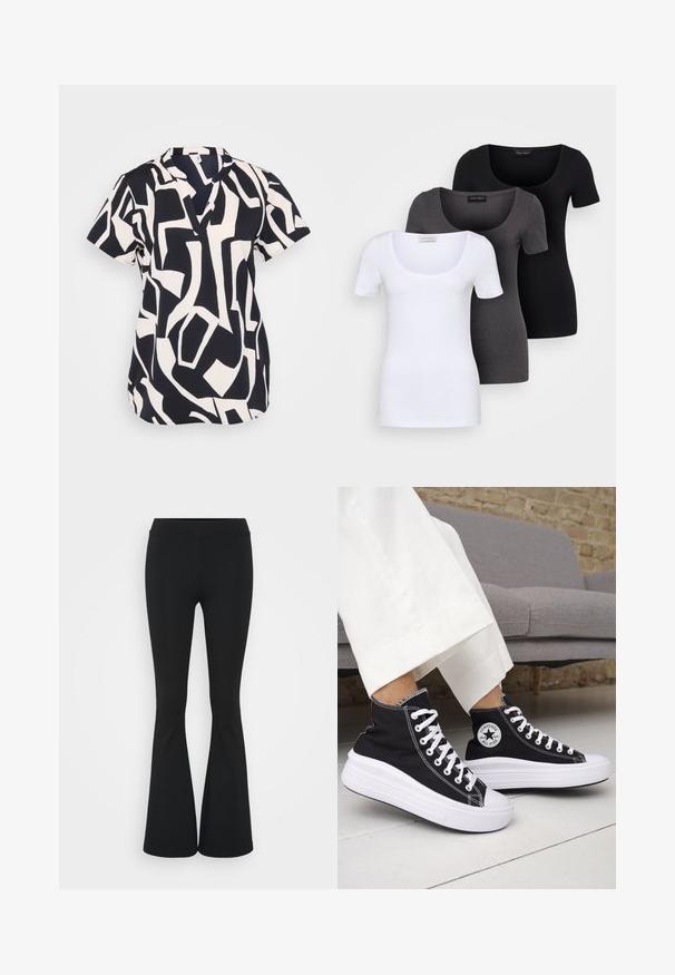 Bluzka z krótkim rękawem w kolorze granatowym i kremowym z abstrakcyjnym wzorem geometrycznym, z wycięciem w dekolcie i luźnym krojem. Materiał o teksturze.; Trzy dopasowane koszulki w kolorze białym, szarym i czarnym. Każda z nich ma szeroki dekolt w serek i krótkie rękawy. Wykonana z gładkiego, elastycznego materiału.; Czarne spódnice dzwonowe wykonane z elastycznego materiału, z wysokim stanem i gładką fakturą. Spodnie rozszerzają się od kolana.; Czarne trampki typu high-top z białą gumową podeszwą i sznurówkami. Posiadają okrągłą naszywkę z logo oraz kontrastujące białe przeszycia. Wykonane z materiału płóciennego.
