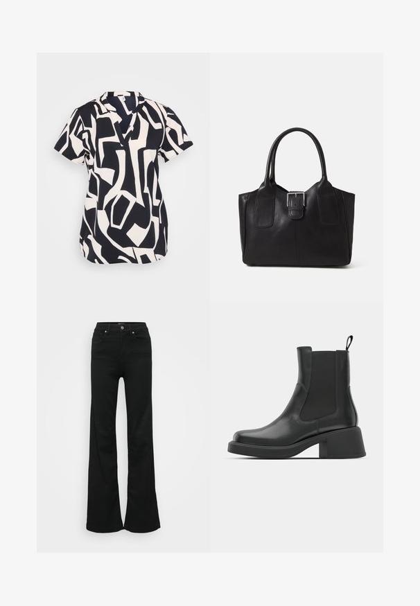 Lühikeste varrukatega pluus tumesinisest ja kreemilisest toonist, millel on abstraktne geomeetriline muster. Pluusil on V-kaelus ja lõdvendatud istuvus. Tekstuuriga kangas.; Mustad laiad teksapüksid, valmistatud denimist, kõrge vöökoht, viis taskut ja metallist nööpkinnitus. Sujuv tekstuur väheste detailidega.; Mustad nahast ankle boots elastsete külgpaneelidega, ümar varvas ja paks plokk kõrgus. Sile tekstuur ja minimalistlik disain.; Mustgamma nahast kott, millel on sile tekstuur, struktureeritud kuju, kaks käepidet ja esiküljel silmapaistev hõbedane pandla detail.