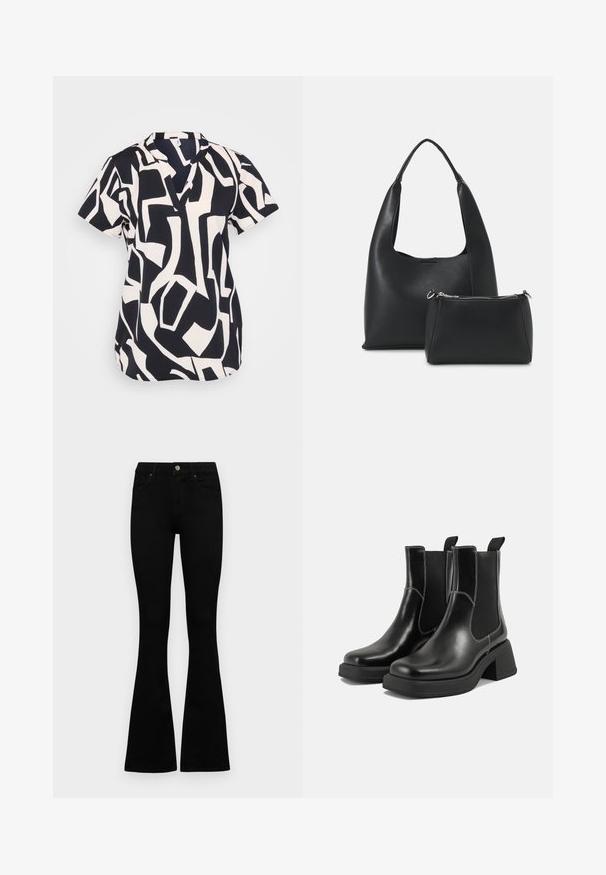 Bluză cu mânecă scurtă în nuanțe de bleumarin și crem, cu un model geometric abstract, având un decolteu in formă de V și un croi lejer. Material texturat.; Jeans negri cu talie înaltă, cu închidere prin nasture și fermoar, buzunare frontale și picioare evazate, așezați pe un fundal alb.; Botine Chelsea din piele neagră, cu toc masiv, panouri laterale elastice și cusături albe contrastante. Finisaj texturat.; Even&Odd Geantă de mână - black