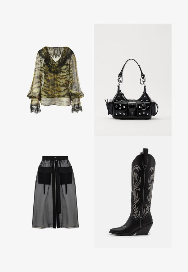 Chiffon bluzonė su kamufliažo raštu alyvų ir pilkos spalvos, su juoda nėrinių apdaila apykaklėje ir rankogaliais, laisva forma.; Juoda permatoma sijonas su surinkta liemene, dviem didelėm priekinėm kišenėm, liemens raišteliu ir apvaliu metaliniu akcentu.; Juodi oda kaubojiški batai su smailiu nosiu, stulpeliu ir sidabriniais siuvinėti gėlių raštais palei šoną. Kontrastingas siuvinėjimas visoje bato dalyje.; Juodas odinis rankinukas su kreiviu dizainu, su sidabro spalvos knopkėmis, užsegimu ir dviem šoninėmis kišenėmis. Reguliuojama dirželis nešimui.