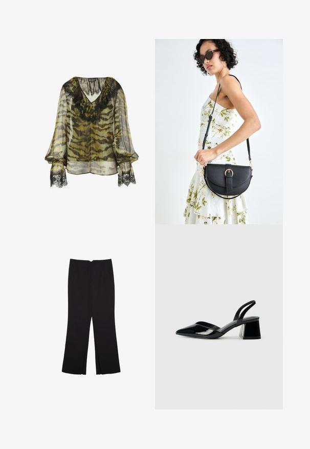 Chiffonblus med mönster i kamouflage i olivgrön och grå, med svart spetsdetalj vid halsringningen och ärmsluten, lös passform.; Svarta byxor med rak passform, utrustade med framfickor och sidoklyvningar vid fållen. Tillverkade av mjukt, slätt tyg. Lämpliga för olika tillfällen.; Svarta lackläder slingback klackar med spetsig tå och geometrisk klack. Har en elegant, minimalistisk design och slät yta.; Svart läderhandväska med en böjd form, avtagbar rem och guldiga detaljer. Väskan har ett lock med en spänndetalj.