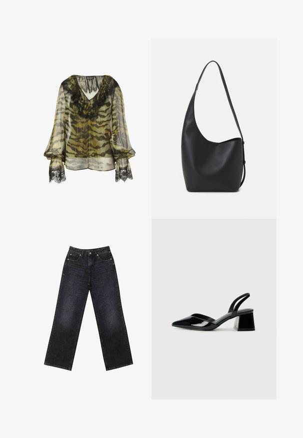 Chiffonbluse mit einem Camouflage-Muster in Oliv und Grau, mit einem schwarzen Spitzenbesatz am Ausschnitt und den Manschetten, lockere Passform.; Hoch taillierte schwarze Jeans aus Denim mit weitem Bein, Fünf-Taschen-Design und sichtbaren Nähten. Der Stoff hat eine glatte, leicht strukturierte Oberfläche.; Schwarze Lackleder-Slingback-High Heels mit spitzem Schuh und einem geometrischen Blockabsatz. Verfügt über ein schlankes, minimalistisches Design und eine glatte Textur.; Schwarze Leder-Hobo-Tasche mit einer glatten Textur, geschwungener Form und einem einzelnen verstellbaren Tragegurt; verfügt über eine weite Öffnung am oberen Ende.