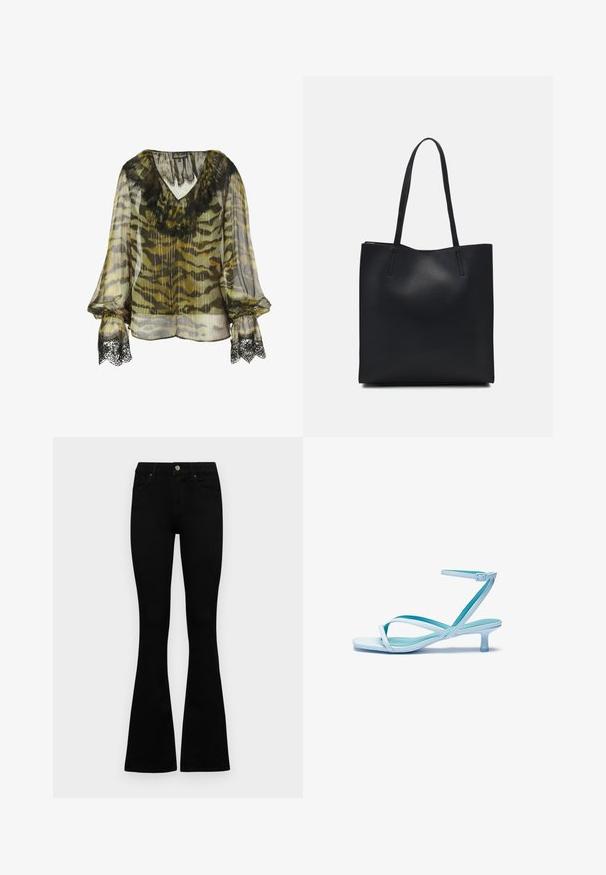 Olíva és szürke álcázó mintás sifon blúz, fekete csipkés díszítéssel a nyakán és az ujjak mandzsettáján, laza fazonú.; Fekete, magas derekú farmernadrág gomb- és cipzárzárral, elülső zsebekkel és harangszárral, laposan egy fehér háttérre terítve.; Világoskék, pántos szandál négyzet alakú orral, alacsony sarokkal, állítható bokapánttal és sima, fényes felülettel. Keresztezett pántok a talprétegen.; Fekete bőrtáska sima felszínnel, téglalap alakú, két hosszú füllel. Nincs látható fémkiegészítő vagy díszítés.