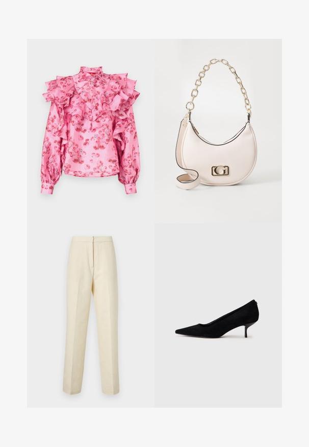 Vaaleanpunainen pusero, jossa on röyhelökoristeita, kukkakuosi punaisen sävyissä, korkea kaulus ja pitkät hihat, joissa on kerättyjä hihoja. Silkkinen rakenne.; Vaalean kermanväriset räätälöidyt housut, joissa on teksturoitu kukkakuosi. Housuissa on suora lahje ja siisti vyötärö, jossa on takakiinnitys.; Musta mokkanahkainen korkokenkä, jossa on teräväkärkinen muotoilu ja ohut, matala korko. Pintakuvio on sileä ja yksinkertainen, eikä siinä ole näkyvää metalliosaa.; Vaaleanpunainen teksturoitu nahkakäsilaukku, jossa on kultaketjuolkahihna, pyöreä muoto ja kultalogo etuosassa. Mukana on myös lisäolkalaukku.