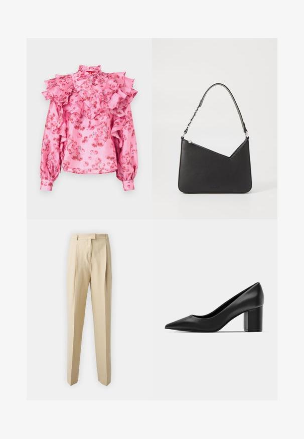 Ružová blúzka s volánovými akcentmi, kvetinový vzor v odtieňoch červenej, vysoký golier a dlhé rukávy so zberanými manžetami. Hodvábna textura.; Béžové nohavice na mieru so priamym strihom, s plisovaním, pásom a hladkou textúrou. Žiadne viditeľné vrecká ani ozdoby.; Čierne kožené lodičky s ostrou špičkou a robustným štvorcovým opätkom. Hladká textúra, jednoduchý dizajn, vhodné na formálne príležitosti.; Čierna kožená kabelka trojuholníkového tvaru so štíhlym popruhom a striebornými kovovými prvkami. Obsahuje zips na uzatváranie a embosované logo na prednej strane.
