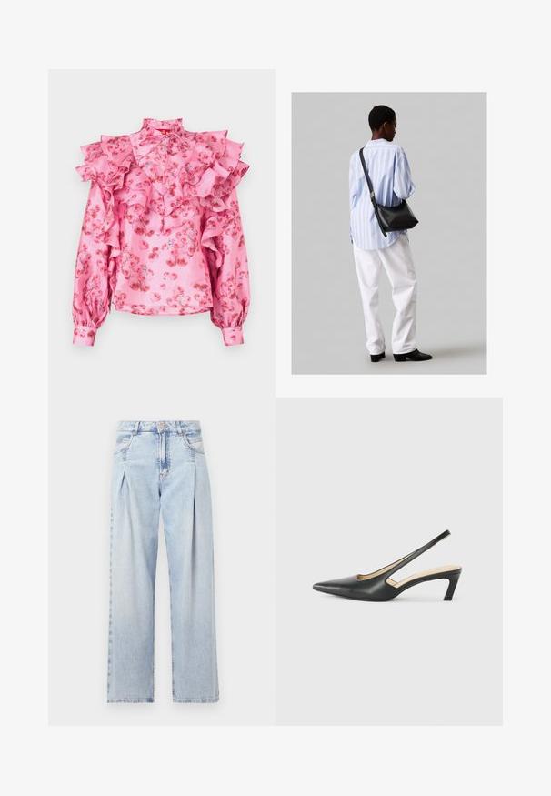 Różowa bluzka z falbaniastymi akcentami, kwiecisty wzór w odcieniach czerwieni, wysoki kołnierz oraz długie rękawy z marszczonymi mankietami. Jedwabista faktura.; Jasnoniebieskie dżinsy z wysokim stanem, szerokimi nogawkami, dwoma bocznymi kieszeniami oraz plisowanym wzorem. Miękka tekstura z wyblakłym wykończeniem.; Czarny but na obcasie typu slingback z ostro zakończonym noskiem, z niskim obcasem, wykonany z gładkiej skóry, z wycięciem po boku dla lepszej wentylacji.; Czarna skórzana torba na ramię o miękkiej fakturze, w kształcie trójkąta, z regulowanym paskiem, połączona z jasnoniebieską koszulą w paski i białymi spodniami.
