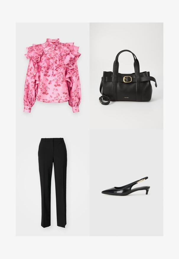 Rosa Bluse mit Rüschendetails, florales Muster in Rottönen, hoher Kragen und lange Ärmel mit gerafften Bündchen. Seidige Textur.; Schwarze, taillierte Hose mit geradem Bein, aus einem glatten Stoff und mit klaren Falten an der Vorderseite. Keine sichtbare Hardware.; Schwarze Leder-Slingback-Pumps mit spitzem Schuhblatt, ausgestattet mit einem schlanken Absatz und einem goldfarbigen Akzent am verstellbaren Riemen. Glatte Textur.; Schwarze Lederhandtasche mit strukturiertem Design, doppelten oberen Griffen, goldfarbenem Schnallenakzent und geprägtem Markenlogo auf der Vorderseite.
