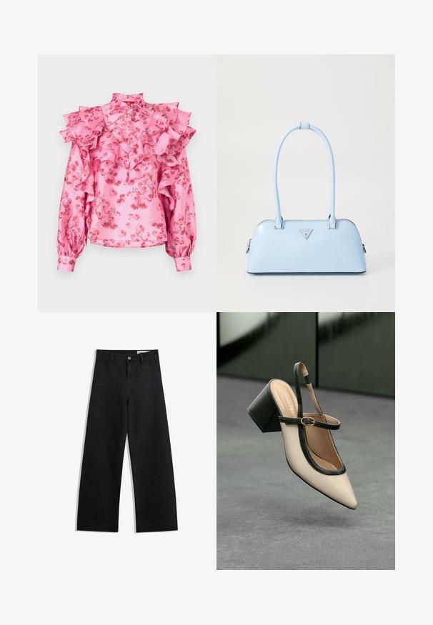 Roza bluzica z nabranimi detajli, cvetlični vzorec v odtenkih rdeče, visok ovratnik in dolgi rokavi z nabranimi manšetami. Svilen videz.; Črne široke denim hlače z visokim pasom, ki imajo sprednje in zadnje žepe, šivane šive ter gumbasto zapiranje. Gladka tekstura.; Bežna slingback čevlja z uskim sprednjim delom, črnimi detajli, zlatim zaponko in debelim blokovskim peto na sivi tleh s temno zeleno ozadje.; Svijetloplavi ručni torbica s strukturiranim oblikom, glatkim kožnim materijalom, dvije ručke i trokutastim logotipom brenda na prednjoj strani. S zatvaračem.