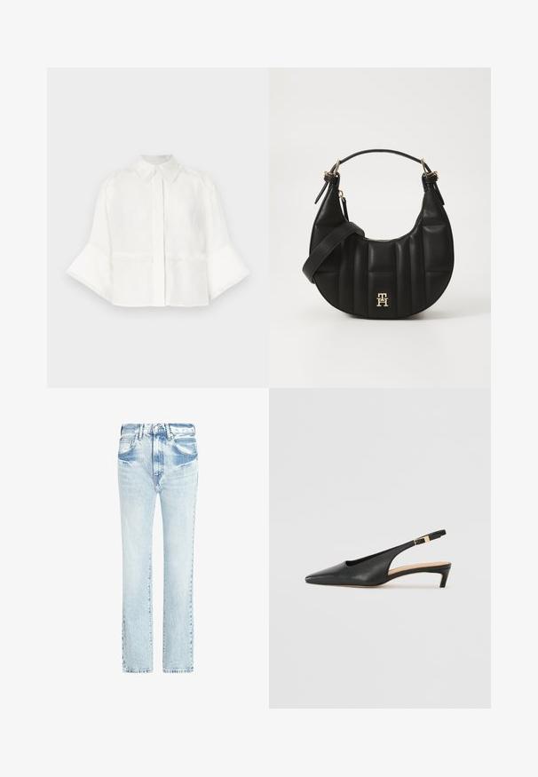 Biela skrátená košeľa z ľahkej tkaniny. Má golier, zapínanie na gombíky a rozšírené rukávy s frindžom.; Svetlomodré riflové nohavice so strihom rovného nohu, s piatimi vreckami a vyblednutou textúrou. Obsahujú viditeľné švy a klasické zapínanie na gombík.; Čierne kožené sandále na podpätku s špicatou špičkou, nízkym podpätkom a nastaviteľným členkovým remienkom s pozlátenou prackou. Hladký povrch.; Čierna kožená kabelka so zakriveným tvarom, prešitým povrchom a zlatými kovovými doplnkami. Obsahuje odnímateľný ramenný popruh a detail s logom.