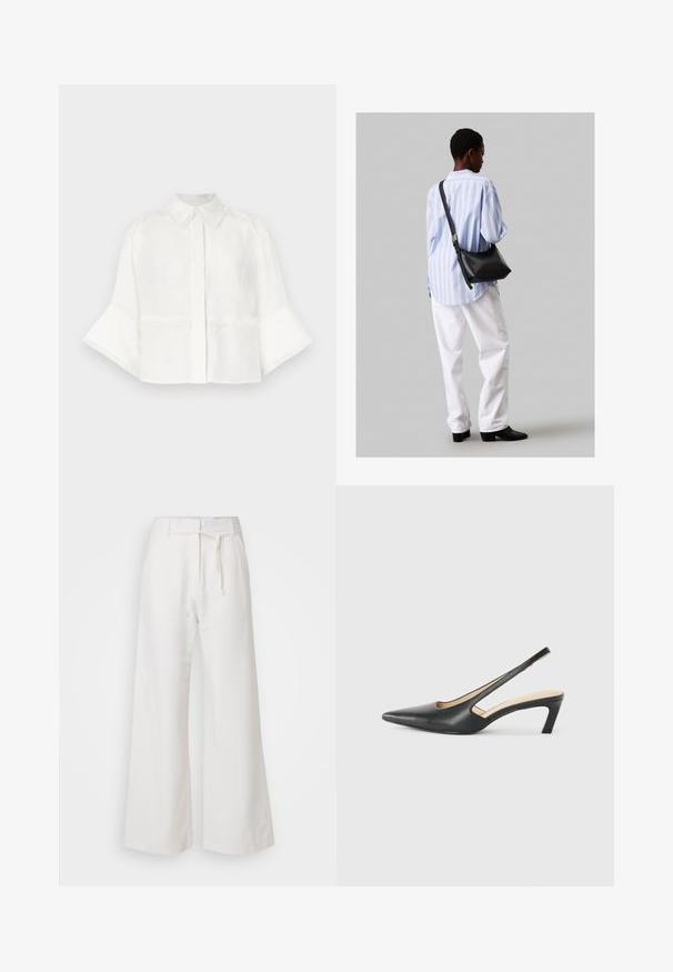 White cropped shirt made of lightweight fabric. Features a collar, button closure, and flared sleeves with fringe detailing.; DAY Birger et Mikkelsen TERRI SOLID - Trousers - cloud cream; Black pointy-toed slingback shoe with a low heel, featuring smooth leather material and cut-out design on the side for breathability.; Black leather shoulder bag with a soft texture, triangular shape, and adjustable strap, paired with a light blue striped shirt and white pants.