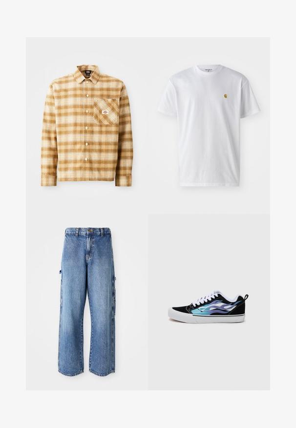 Brązowa i kremowa koszula w kratę z długim rękawem, wykonana z teksturowanej tkaniny, z kieszenią na piersi i zapięciem na guziki, z metką na kieszeni.; Biała bawełniana koszulka z krótkim rękawem, okrągłym dekoltem, z małym złotym logo na lewej części klatki piersiowej. Miękka textura i regularny krój.; Jasnoniebieskie dżinsowe spodnie cargo o szerokim kroju, z bocznymi kieszeniami, postarzanym wyglądem i lekko strzępionym dołem.; Czarne zamszowe sneakersy z białą gumową podeszwą. Ozdobione iryzującymi niebieskimi i fioletowymi wzorami płomieni. Białe sznurówki i uchwyt z tyłu.
