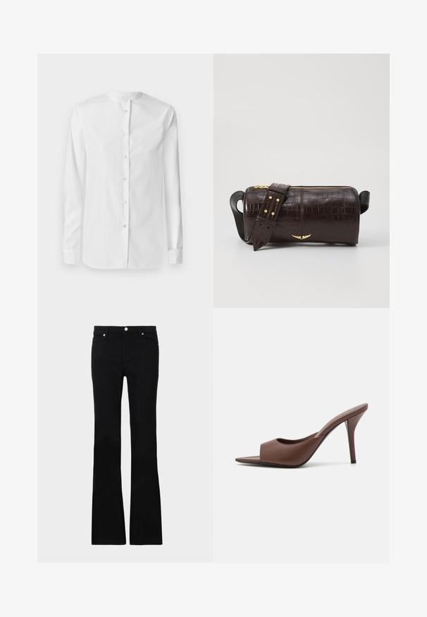Hvid skjorte med lange ærmer lavet af bomuld, med mandarin krave og frontlukning med knapper. Glat tekstur, skræddersyet pasform, ingen mønstre.; Sorte bløde jeans lavet af denim, med to frontlommer, knaplukning og en glat tekstur. Signaturstikninger synlige ved sømmene.; Brune læder open-toe højhælede mules med et slankt design, der har en bred frontrem og en slank stiletto-hæl.; Brun krokodilleder taske med cylindrisk form, hardware i guld-tone, og en aftagelig rem med nitter.