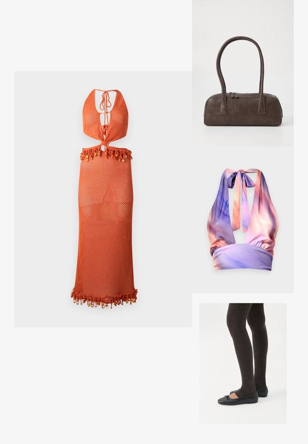 Halterneck top i blødt stof med nuancer af pastelpink og lilla, med sammensamlet elastisk bånd og stropper bagpå.; Orange meshkjole med halterneck-design, der har en bindebåndslukning og en frynset kant pyntet med perler. Letvægtig og semi-gennemsigtig.; Sorte flade sko med en lille sløjfedetalje ved tåen, parret med mørkebrune ribbede strømpebukser. Skoene har en glat overflade og lav profil.; Brun lædertaske med to robuste håndtag, rektangulær form, glat tekstur og lynlås lukning. Minimalistisk design uden synlige mønstre.