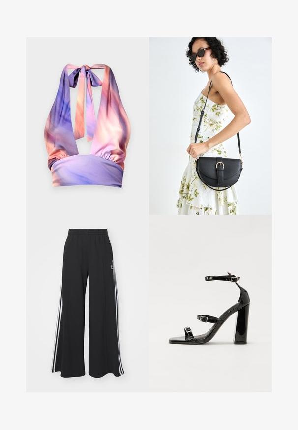 Halter neck top in soft fabric, featuring shades of pastel pink and purple, with gathered elastic band and ties at the back.; Black wide-leg sweatpants with an elastic waistband, featuring white side stripes and an embroidered logo on the left thigh.; Black patent heeled sandals with a square toe, ankle straps, and silver buckles. Features a chunky block heel for stability.; Black leather handbag with a curved shape, detachable strap, and gold hardware. The bag features a flap with a buckle detail.