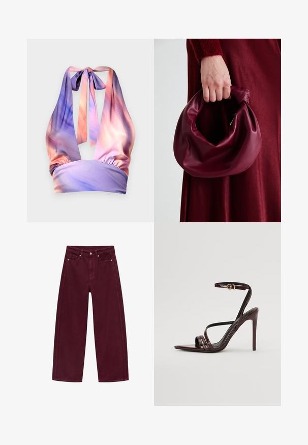 Top con colletto halter in tessuto morbido, caratterizzato da tonalità di rosa e viola pastello, con fascia elastica arricciata e lacci sul retro.; Jeans a gamba larga color bordeaux realizzati in denim di cotone, caratterizzati da un design a quattro tasche e chiusura con bottone in metallo con cuciture coordinate.; Sandal con tacco alto in pelle verniciata borgogna, con cinturino alla caviglia, punta appuntita e tre cinturini orizzontali sul piede. Dettaglio della fibbia in tonalità oro.; Borsa in pelle bordeaux con un design morbido e arricciato e una forma arrotondata. Il manico è fissato, mostrando una texture liscia.