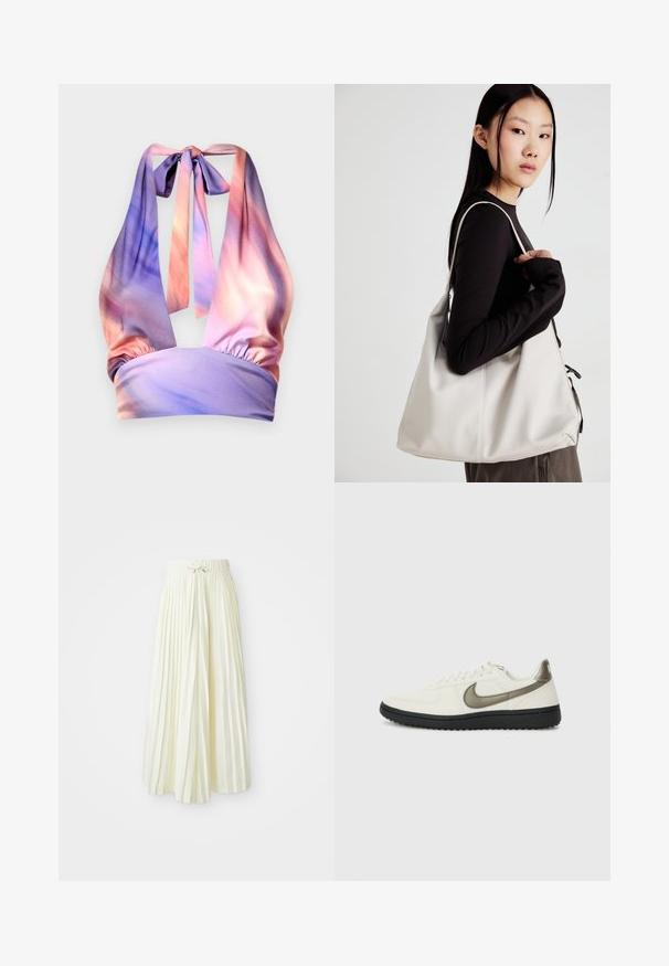 Top cu guler halter dintr-un material moale, prezentând nuanțe de roz și purple pastel, cu o bandă elastică strânsă și chingi la spate.; Fustă midi pliată dintr-un material galben deschis, având o talie elastică cu curea, textură netedă și dungi verticale pentru un detaliu suplimentar.; Nike Sportswear FIELD GENERAL - Sneakers low - off-white/black; Geantă bej din material moale, cu un design lejer, detalii cusute și două bretele pentru umăr. Potrivită pentru utilizarea zilnică.