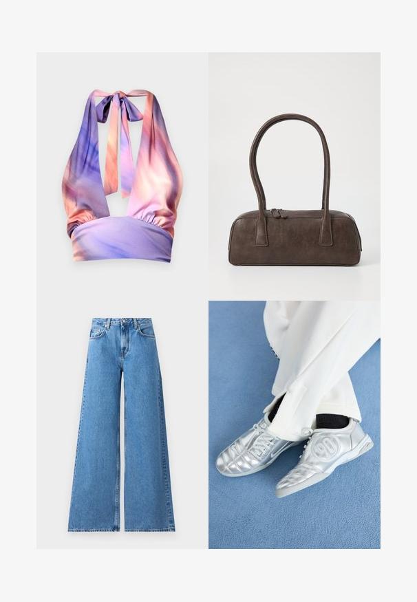Halterneck-Top aus weichem Stoff in sanften Farbtönen von Pastellrosa und Lila, mit gerafftem Elastikband und Bändern im Rücken.; Weite, blaue Jeans mit hohem Bund, ausgestattet mit einem klassischen Fünf-Taschen-Design und Nähten an den Seiten für zusätzliche Details.; Silberne Sportschuhe mit einer glatten, glänzenden Oberfläche, die ein genähtes Design und die Nummer 90 an der Seite aufweisen, kombiniert mit weißen Hosen.; Braune Lederhandtasche mit zwei stabilen Griffen, rechteckiger Form, glatter Oberfläche und Reißverschluss. Minimalistisches Design ohne sichtbare Muster.