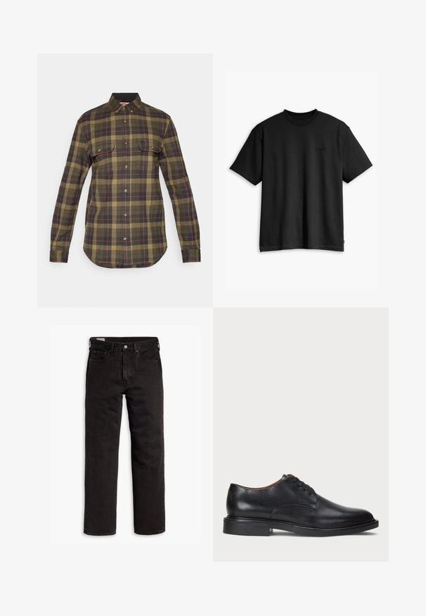 Zöld és tengerészkék kockás flanel ing hosszú ujjakkal, gombos elülső résszel, két mellzsebbel és ívelt hemline-nal. A mintában piros részletek találhatók.; Fekete pamut póló kerek nyakkal és rövid ujjakkal. Diszkrét elülső logóval és egyenes szegéllyel rendelkezik. Egyszerű és minimalista dizájn.; Fekete egyenes szárú farmernadrág öt zsebbel, gombos záródással és övhurkokkal, fehér háttéren elhelyezve.; Fekete bőrből készült dresszcipő kerek orral, fűzős kialakítással és alacsony, rétegelt sarkával. Simás felület minimális varrási részletekkel.
