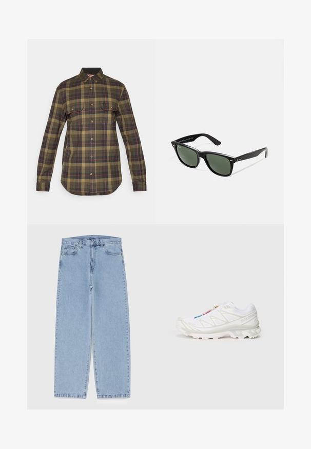 Groen en marineblauw geblokt flanellen shirt met lange mouwen, knoopsluiting aan de voorkant, twee borstzakken en een gebogen zoom. Heeft rode details in het patroon.; Witte katoenen tanktop met een ronde halslijn, brede schouderbanden en een rechte zoom, met een gladde textuur en zonder zichtbare patronen.; Lichtblauwe denim jeans met een recht model, voorzien van een middelhoge taille, vijf zakken en een knoop- en ritssluiting.; Witte sportieve schoen met een gestructureerde mesh bovenkant, reflecterende accenten en een gevoerde zool. Opvallend merklogo aan de zijkant.; Zwarte plastic zonnebril met groene lenzen, vierkante montuur, zilveren accent op de wenkbrauw en een gestructureerde tempel. Merken vermeld op de binnenkant van de arm.