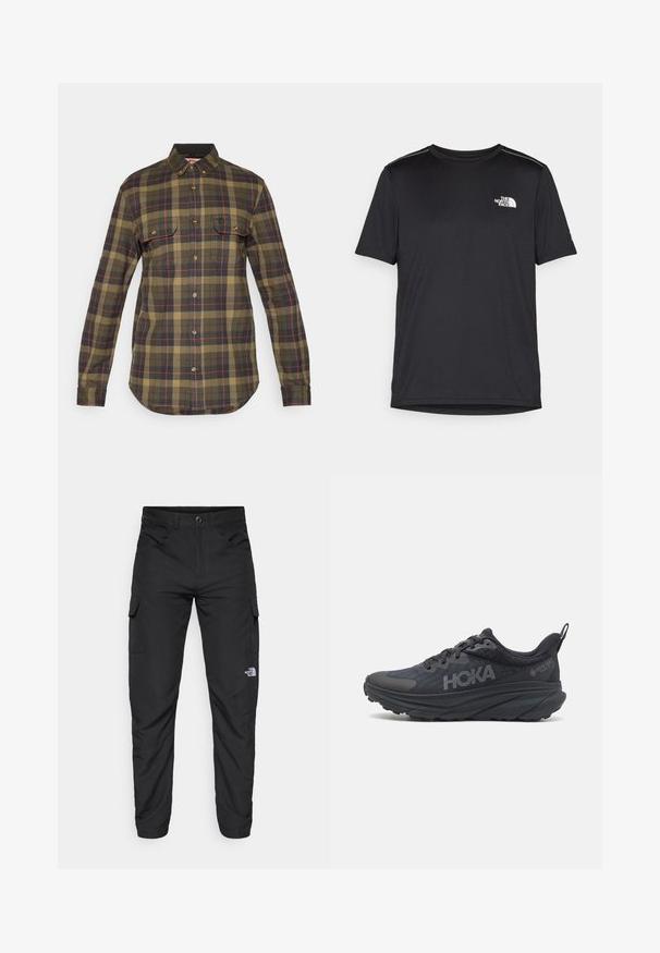 Zielona i granatowa flanelowa koszula w kratę z długimi rękawami, zapinana na guziki, z dwoma kieszeniami na piersiach i zaokrąglonym dołem. Ma czerwone akcenty w wzorze.; Czarny t-shirt z krótkim rękawem, wykonany z lekkiego materiału. Posiada małe białe logo na lewej piersi oraz subtelne akcenty na ramionach.; The North Face HORIZON czarny; Czarne buty do biegania Hoka z siateczkową cholewką, teksturowanymi detalami oraz grubą, amortyzowaną podeszwą z tapered edges dla lepszego wsparcia.