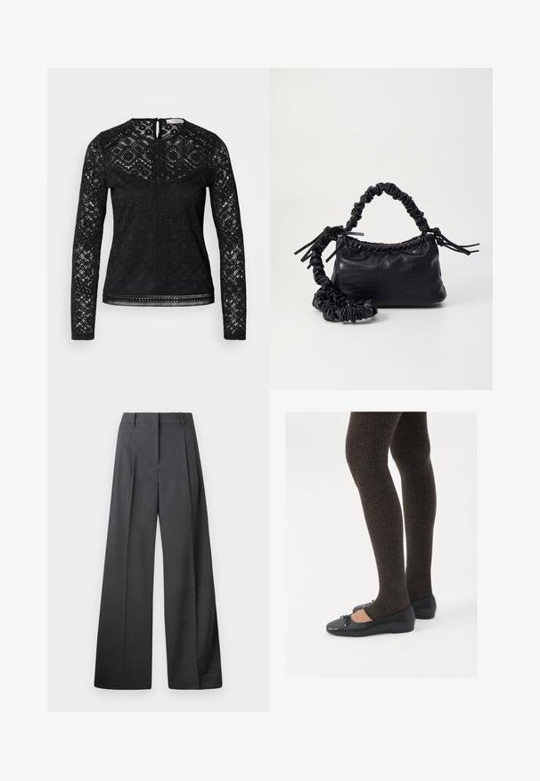 Črn dolg rokav vrh, ki vsebuje čipkast material z geometrijskimi vzorci, zapiranje na hrbtni strani v obliki ključavnice ter okrasni obrobki vzdolž roba in sredine.; Široke hlače iz temno sive tkanine, z visokim pasom, enim pregibom ter gladko teksturo z čisto obrobo na robovih.; Črne ravne čevlje z majhnim lokom na prstih, v kombinaciji s temno rjavimi rebrastimi nogavicami. Čevlji imajo gladko teksturo in nizko obliko.; Črna torbica iz umetnega usnja s krokodilovo teksturo, z zvitim vrhom in zmečkano naramico. Zdi se mehka in kompaktna v oblikovanju.