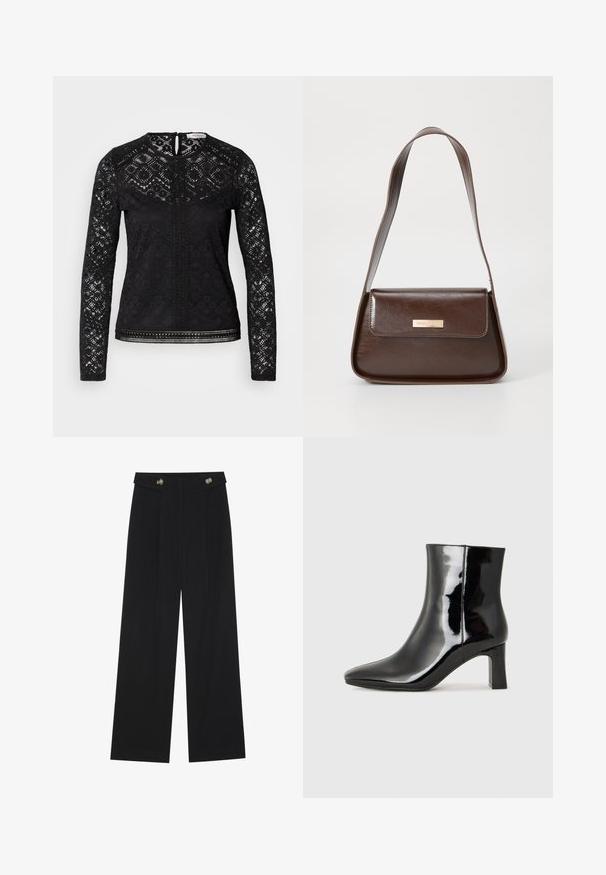 Camisola preta de manga longa com tecido de renda com padrões geométricos, fecho em forma de lágrima nas costas e acabamento decorativo ao longo da bainha e do centro.; Calças largas pretas com cintura alta, detalhes em botão na cintura e pregas frontais.; Botim de tornozelo em pele sintética preta com bico apontado e salto bloco de altura média. Textura suave e design minimalista.; Bolsa de ombro em couro castanho com uma forma estruturada, apresentando um fecho magnético e um detalhe metálico com o logótipo na frente.