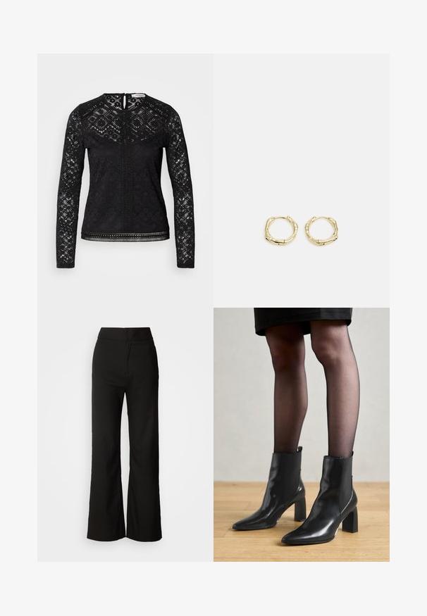 Svart langermet topp med blonder i geometrisk mønster, nøkkelhull baklukk og dekorativt trim langs kanten og midten.; Sorte vidde-bukser med glatt tekstur, høy midje og et rent design. Ingen synlige lommer eller pynt.; Sorte ankelstøvler i skinn med spiss tå, chunky firkantet hæl, og slank design. Har elastiske sidede paneler for enkel påføring.; Gullige hoop øreringer med en teksturert, uregelmessig form. Har en sømløs lukking og en polert overflatefinish som fremhever et moderne design.