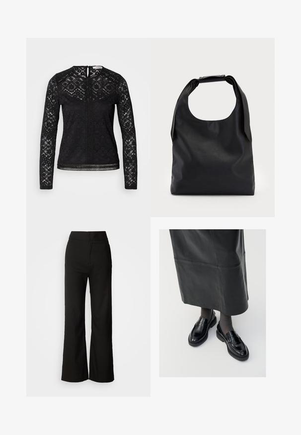 Haut noir à manches longues en dentelle avec des motifs géométriques, fermeture arrière en clé et garniture décorative le long de l'ourlet et du centre.; Pantalons noirs à jambes larges avec une texture lisse, taille haute et un design épuré. Pas de poches visibles ni d'embellissements.; Mocassins en cuir noir avec une finition lisse, ornés d'une bande décorative, à bout rond et avec une semelle texturée. Portés avec une longue jupe en cuir noir.; Sac hobo en cuir noir avec une seule poignée ronde et douce ; présente une texture lisse et un design minimaliste. Pas de matériel ou d'accents visibles.; Boucles d'oreilles en or en forme de cerceau avec une texture et une forme irrégulière. Présentent une fermeture sans couture et une finition polie, soulignant un design moderne.