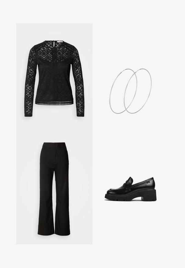 Black long-sleeve top featuring lace fabric with geometric patterns, keyhole back closure, and decorative trim along the hem and center.; Black wide-leg trousers with a smooth texture, high waist, and a clean design. No visible pockets or embellishments.; Black leather chunky-heeled loafer with thick sole and a strap detail across the top, shown from the side on a white background.; Silver hoop earrings with a minimalist design. Circular shape, smooth texture, and thin profile. Lightweight with a polished finish.