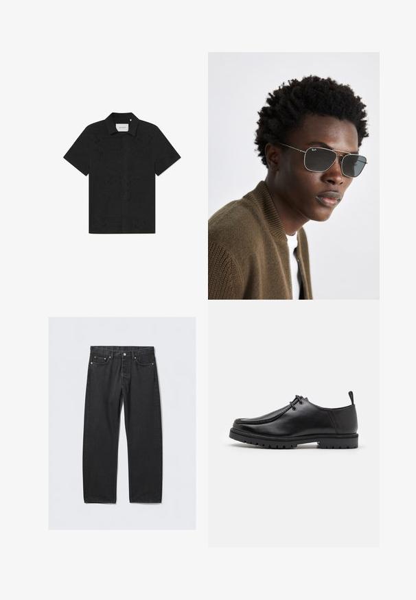 Camisa preta de mangas curtas feita de tecido respirável, com padrões recortados intrincados e frente com botões.; Jeans de ganga preta com corte reto, apresentando um fecho de botão, cinco bolsos e pormenores de metal em tom cobre. Textura suave.; Shoe preto de couro com atacadores, equipado com uma sola robusta e puxador no calcanhar, apresentado de lado sobre um fundo branco.; Óculos de sol com uma armação de metal prata, formato aviador e lentes escuras. Combinados com uma jaqueta bomber castanha com textura canelada.