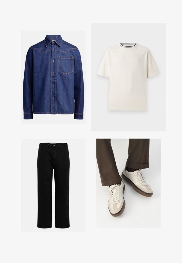 Temno modra denim srajca z dolgimi rokavi, ki ima koničast ovratnik, sprednje gumbe, žep na prsih in kontrastne oranžne šive.; Kremasta bombažna majica s kratkimi rokavi, z okroglim izrezom, okrašenim z mornarsko modrimi in belimi črtami. Gladka tekstura, sproščen kroj.; Črne denim hlače s ravnim krojem, klasičnim pet-takošnjim dizajnom in gumbom za zapiranje v pasu. Gladka tekstura in trpežna tkanina.; Bež teniske z teksturiranim prednjim delom iz usnja, gladkimi kožnimi stranicami in rjavo gumijasto podplatom. Vključene vezalke in svetla šivana detajla.