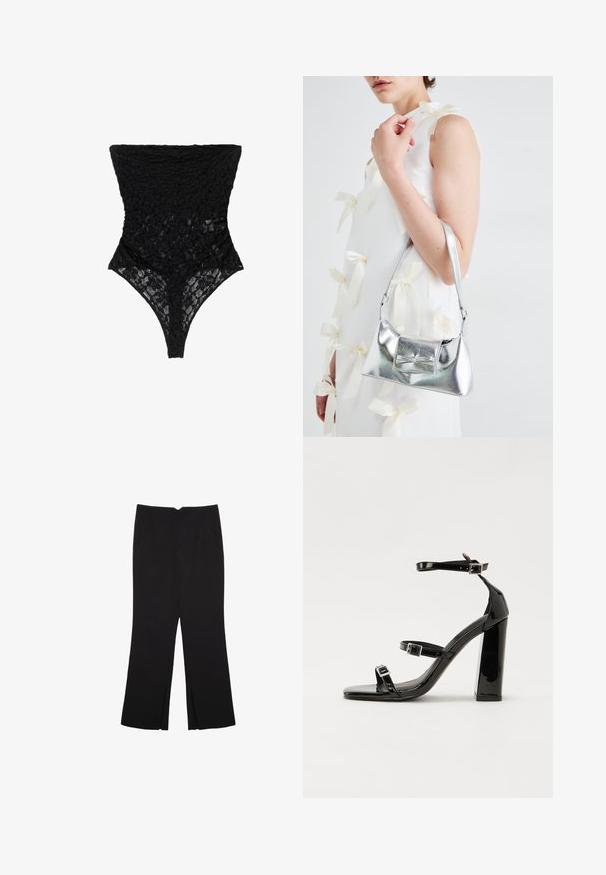 Črn čipkast bodysuit z teksturiranim cvetnim vzorcem, visokim ovratnikom in tanga izrezom. Mehak, prosojen material poudari zapleteno zasnovo.; Črne hlače ravnega kroja z naglavnimi žepi in stranskimi razporki na robu. Narejene iz mehke, gladke tkanine. Primerne za različne priložnosti.; Črne lakaste sandale z visokimi petami, z dvema trakovoma z zaponkama, kvadratnim sprednjim delom in masivno širšo peto, z gladko, sijočo teksturo.; Srebrna metalna torbica z oblikovano strukturo, ki ima zgornji ročaj in detajl v obliki mašne spredaj. Gladka tekstura, z odsevnimi površinami.