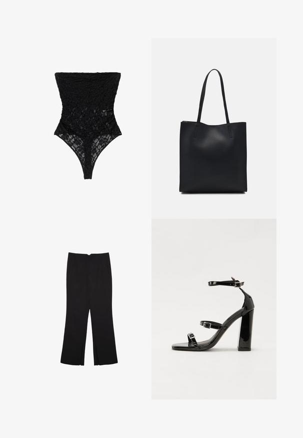 Mustat pitsiset bodysuitit, joissa on teksturoitu kukkakuosi, korkea kaula-aukko ja thong-leikkaus. Pehmeä, läpikuultava materiaali korostaa monimutkaista muotoilua.; Mustat housut suoralinjaisella leikkauksella, joissa on etutaskut ja sivurei'ät helman alla. Valmistettu pehmeästä ja sileästä kankaasta. Sopii eri tilaisuuksiin.; Musta kiiltäväpintainen korkokengät, joissa on kaksi solkikiinnitystä, neliönmuotoinen kärki ja paksu korko, sileällä, kiiltävällä pintarakenteella.; Mustapahkainen kangaskassi, jossa on sileä pinta, suorakaiteen muotoinen ja kaksi pitkää kahvaa. Ei näkyvää metalliosaa tai koristeita.