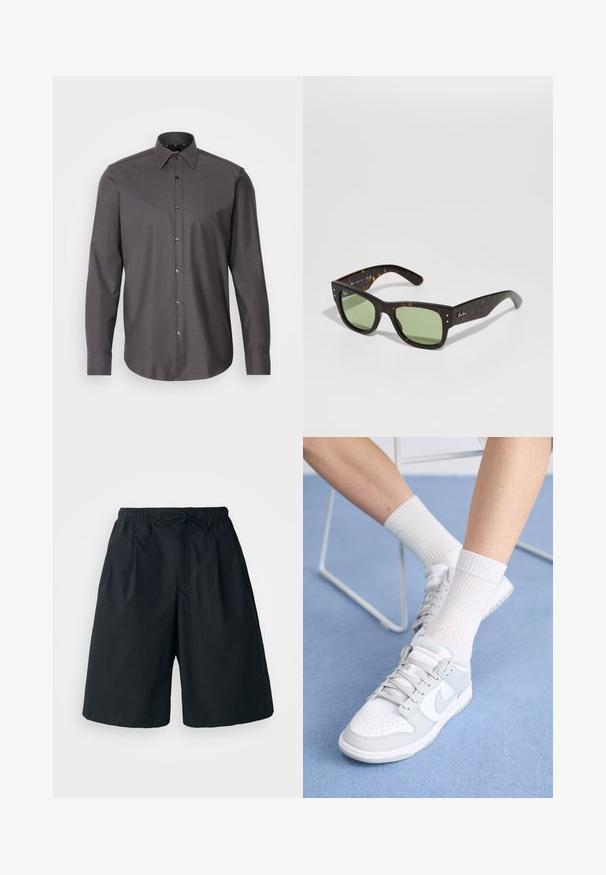 Cămașă butonată, de culoare gri închis, cu mâneci lungi, guler și un mic model texturat. Are nasturi lucioși și un tiv rotunjit.; Pantaloni scurți negri cu talie elastică și șnur ajustabil. Fabricat dintr-un material neted, cu o croială lejeră și fără modele vizibile.; Sneakers albe cu accente bleu deschis, partea superioară din piele, vârf perforat, șireturi groase și șosete albe cu fandare, pe un fundal albastru.; Ochelari de soare tortoiseshell maro cu lentile verzi, formă pătrată și accente metalice. Prezintă logo pe tâmpla stângă. Finisaj mat.