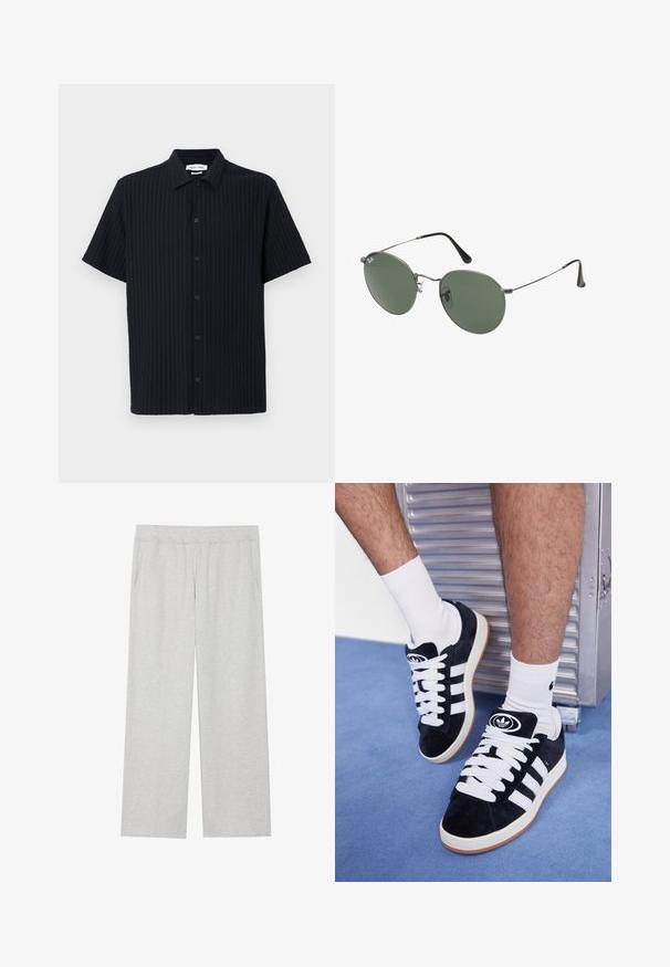 Melna īsajiem piedurknēm krekla ar ribotu tekstūru, pogu priekšpusi un klasisku apkakles dizainu. Nav redzamu rakstu vai akcentu.; Gaiši pelēki, platajiem galiem sporta bikses, kas izgatavotas no mīkstas auduma. Tajās ir elastīga josta un sānu kabatas. Gluda tekstūra ar vienkāršu dizainu.; Melni zamšaini sporta apavi ar baltiem šņorēm un trim baltām svītrām. Iekļauj arī apaļu melnu logotipu uz mēles un gumijas zoli.; Metāla rāmji saulesbrillēm ar ovālām zaļām lēcām. Tievs sudraba metal rāmji un melni ausu spilventiņi. Minimalistiska dizaina, bez redzamām apzīmējumiem.