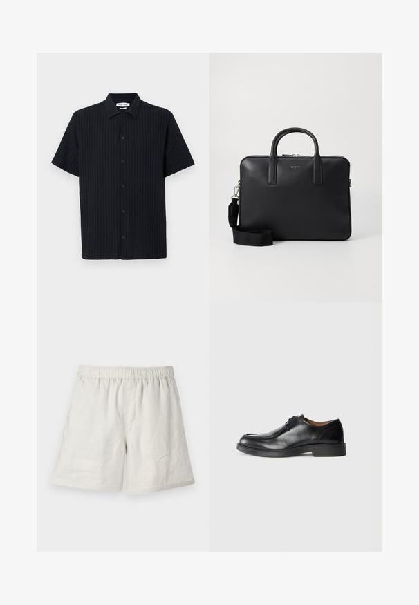 Kortermet svart skjorte med ribbet tekstur, knappfeste foran og klassisk kragedesign. Ingen synlige mønstre eller detaljer.; Lyse beige linshorts med elastisk midje, med en avslappet passform og minimale sømmer for et enkelt, uformelt design.; Svarte lærdressko med rund tå, glatt overflate, snøredetaljer og lav, teksturert gummisåle. Rette linjer og minimalistisk design.; Svart lær arbeidsveske med strukturert overflate, doble håndtak, avtakbar skulderrem, og frontlogo. Glidelås-lukking.