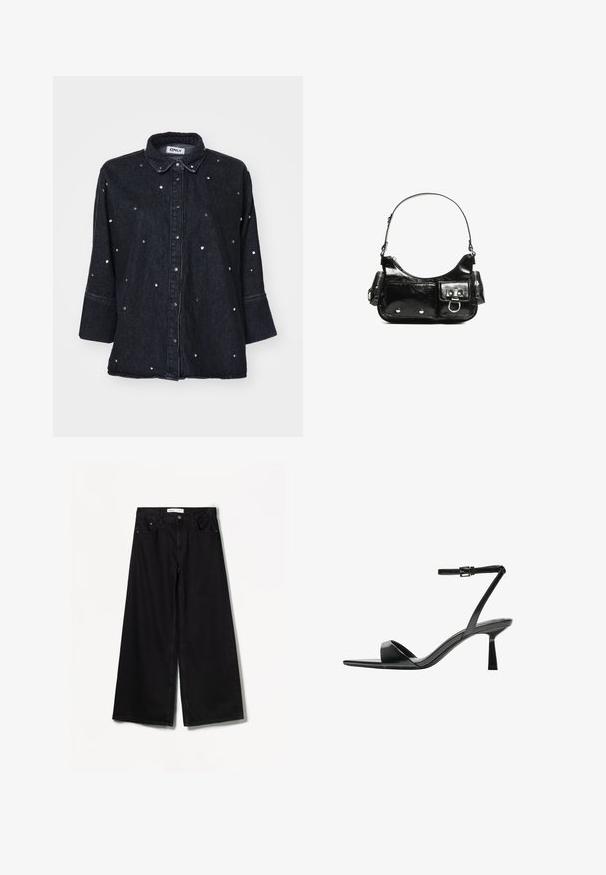 ONLY ONLGRACE 3/4 RHINESTONE - Button-down blouse - washed black; Bershka WIDE-LEG - Wide Leg - black; Bershka High heeled sandals - black; Black patent leather handbag with a curved shape, one shoulder strap, front pockets, and silver-tone hardware accents.