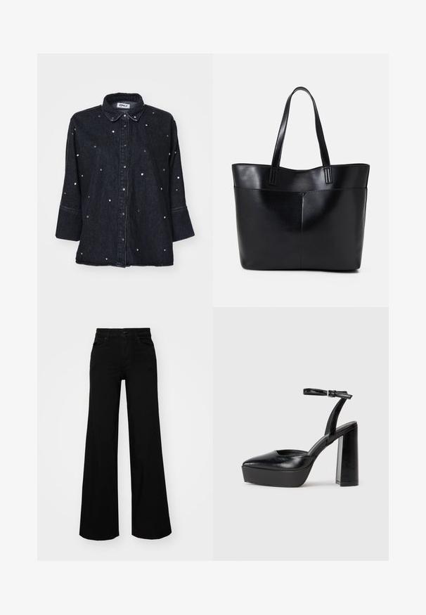 ONLY ONLGRACE 3/4 RHINESTONE - Gombos blúz - washed black; Fekete, bő szárú farmernadrág, amelynek állítható derékrésze van, övhurkokkal és elülső zsebekkel. Simaság jellemzi, klasszikus dizájnnal.; Fekete platform magassarkú cipők hegyes orral és állítható bokapánttal. Sima bőrből készült, vastag talppal.; Fekete bőr bevásárlótáska két hosszú fogantyúval, sima felülettel és strukturált formával. Elülső zseb található rajta a plusz tárolás érdekében.