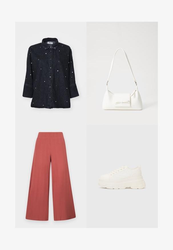 ONLY ONLGRACE 3/4 RHINESTONE - Blúzka so zapínaním na gombíky - washed black; Nohavice s širokými nohavicami v hnedej farbe, vyrobené z textúrovaného materiálu s vertikálnym rebrovaním. Majú vysoký, elastický pás.; Biele plátené tenisky s hrubou podrážkou, zaoblenou špičkou a piatimi očkami na šnúrky. Zadný popruh pre jednoduché obúvanie. Hladká textúra, minimalistický dizajn.; Biela syntetická kabelka s trojuholníkovým tvarom, plochým predným klapkou a detailom mašle, nastaviteľným popruhom, hladkou textúrou a minimalistickým dizajnom.