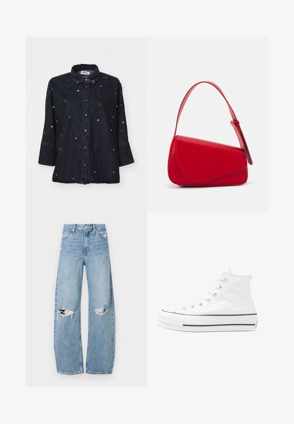ONLY ONLGRACE 3/4 RHINESTONE - Bluza z gumbi - washed black; Svijetloplave traperice visoki struk. Imaju široke nogavice, dva poderana područja na koljenima i klasičan petotoksi stil.; Beli visoki platneni športni čevelj z črnim gumijastim podplatom, sprednjim gumijastim zaščitnikom za prste in šestimi luknjicami za vezalke, ki se ponaša s preprostim, minimalističnim dizajnom.; Rdeča usnjena torba z angularnim, geometrijskim dizajnom. Ima en samostoječ nastavljiv ročaj in pokrov, zaprt z zapiranjem, ki je okrašen s šivi.
