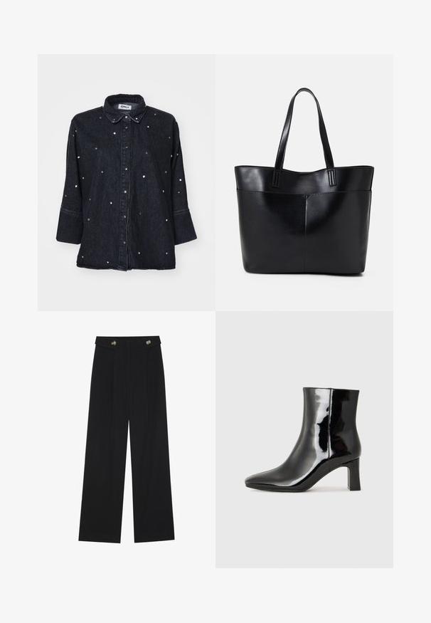 ONLY ONLGRACE 3/4 RHINESTONE - Cămașă - washed black; Pantaloni negri cu picioare largi, talie înaltă, detalii cu butoane pe talie și pliseuri în față.; Botine negre din piele lacuită, cu vârful ascuțit și toc bloc de înălțime medie. Textură netedă și design minimalist.; Geantă oversized din piele neagră, cu două mânere lungi, de textură netedă și formă structurată. Are un buzunar frontal pentru stocare suplimentară.