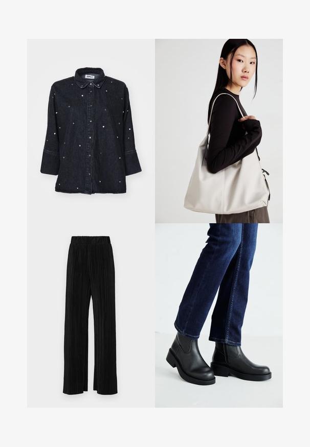 ONLY ONLGRACE 3/4 RHINESTONE - Pogājama blūze - washed black; Melni plīšu bikses ar elastīgu jostu. Tām ir platākas kājas un gluda, teksturēta auduma ar vertikālām svītrām.; Melnas ādas potīšu zābaki ar masīvu zoli un sānu elastīgām daļām, kombinēti ar tumši ziliem džinsiem. Zeme ir gaišā krāsā.; Bežs rokassoma, izgatavota no mīksta materiāla, ar brīvu dizainu, izšūtu apdari un divām plecu siksnām. Piemērota ikdienas lietošanai.