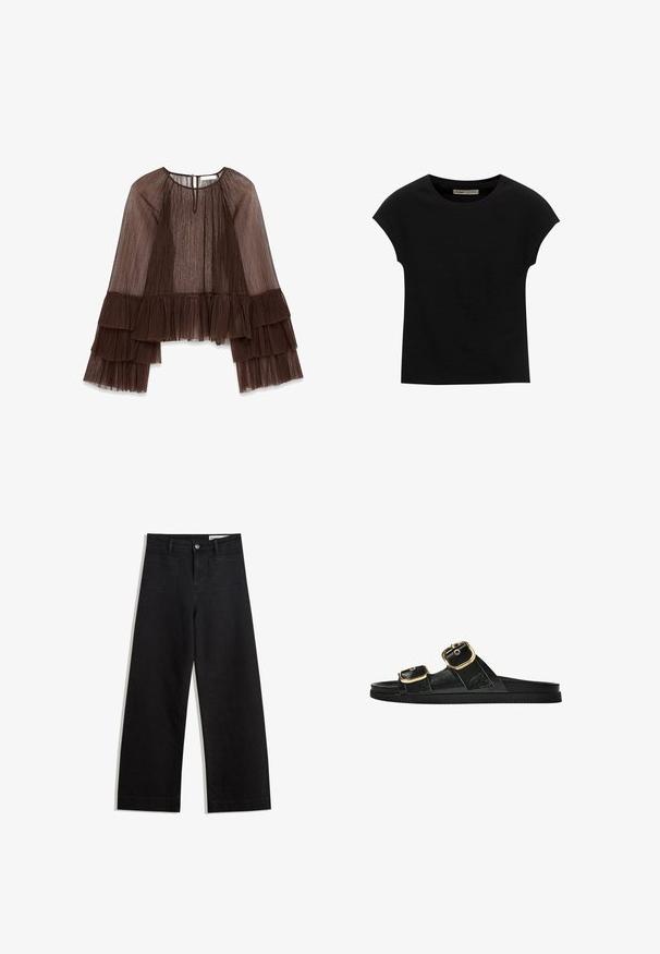 Braunes, plissiertes Oberteil mit langen, rüschengesäumten Ärmeln, das einen runden Ausschnitt und einen Knopfverschluss auf der Rückseite hat. Strukturierter, fließender Stoff.; Schwarzes Kurzarm-T-Shirt aus weichem Stoff, mit Rundhalsausschnitt und lockerer Passform, glatter Textur und ohne Muster.; Schwarze weit geschnittene Jeans mit hoher Taille, ausgestattet mit Vorder- und Hintertaschen, gesteppten Nähten und einem Knopfverschluss. Glatte Textur.; Schwarze Riemensandale mit zwei goldenen Schnallendetails, glattem Material, flachem Sohlen und minimalistischer Gestaltung.