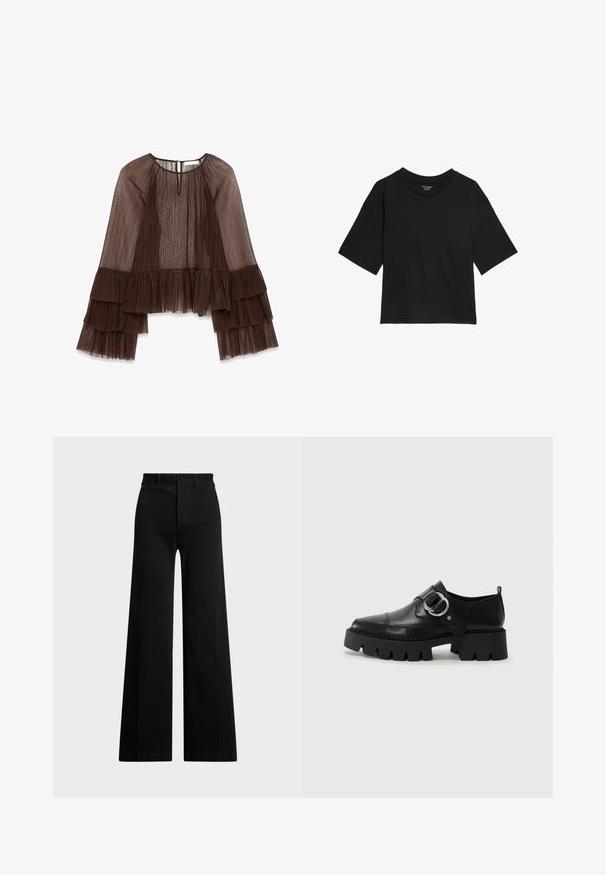 Top marrone plissettato con maniche lunghe e volant, caratterizzato da un collo rotondo e chiusura a bottone nella parte posteriore. Tessuto textured e fluido.; T-shirt nero a maniche corte realizzato in morbido cotone. Caratterizzato da un collo rotondo e una vestibilità rilassata. Dettagli delle cuciture sulle maniche e sull'orlo.; Pantaloni neri a gamba larga realizzati in tessuto intrecciato, con vita alta, chiusura anteriore con bottone e tasche laterali. Texture liscia con linee pulite.; Scarpe in pelle nera con suola spessa e rigata, dotate di un accento in metallo argentato a forma circolare e dettagli di cucitura minimal.