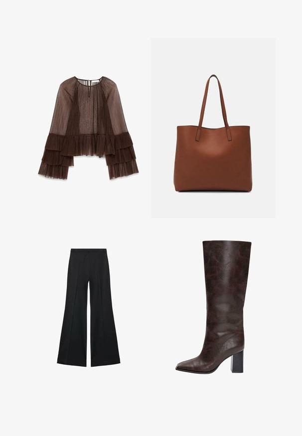 Ruskea pleidattu toppi pitkillä, frilla-hihoilla, jossa on pyöreä pääntie ja nappisuljenta takana. Rakenteellinen, valuva kangas.; Mustat leveälahkeiset housut, joissa on sileä pinta, etupuolella laskokset ja muotolaskettu malli. Kangas on kevyttä ja laskeutuvaa.; Ruske faux-nahkaiset polvipituiset saappaat, joissa on terävä kärki, teksturoitu pinta ja paksu musta korko. Silkkinen viimeistely, minimaalinen yksityiskohtaisuuden.; Ruskea nahkainen olkalaukku, jossa on sileä pinta, avoin yläosa ja kaksi olkahihnaa. Omaavat vain minimaalisen ompelun eikä näkyvää metalliosaa.