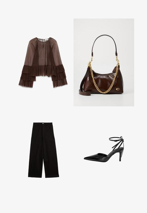 Brązowa bluzka z plisowaniem, z długimi falbaniastymi rękawami, z okrągłym dekoltem i zapięciem na guziki z tyłu. Teksturowany, lekki materiał.; Czarne spodnie o szerokich nogawkach wykonane z bawełny. Posiadają elastyczny pas, zapięcie na guzik z przodu i brak widocznych wzorów lub akcentów.; Czarna szpilka z ostro zakończonym noskiem, posiadająca cięcie w designie oraz regulowany pasek wokół kostki. But zgromadził gładką, błyszczącą powierzchnię i smukły obcas.; Brązowa skórzana torebka o teksturowanym wykończeniu, ze złotym łańcuszkiem i krótkim uchwytem, z logo na boku.