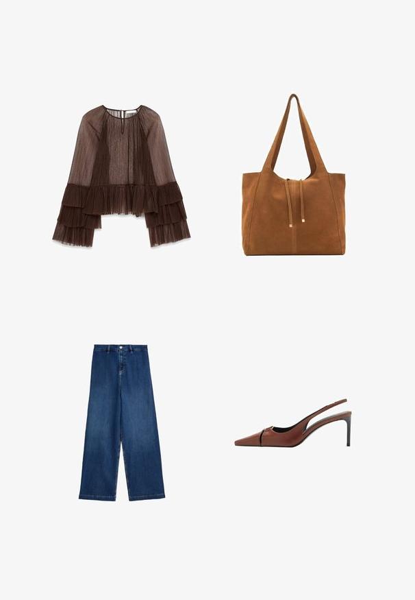 Brązowa bluzka z plisowaniem, z długimi falbaniastymi rękawami, z okrągłym dekoltem i zapięciem na guziki z tyłu. Teksturowany, lekki materiał.; Jeans o szerokich nogawkach z ciemnoniebieskiego denimu. Posiadają wysoki stan, jedną przednią kieszeń oraz subtelne przeszycia wzdłuż szwów.; Brązowe skórzane obcasy typu slingback z ostrym noskiem, wycięciem w przedniej części i smukłym obcasem w stylu stiletto. Gładka faktura.; Brązowa torba tote z zamszu z dwoma długimi paskami, zamknięciem na sznurek i minimalistycznym wzornictwem. Gładka tekstura i brak widocznych akcentów metalowych.