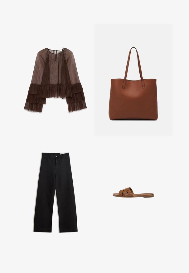 Rjav nabran vrh z dolgimi, nabrano oblikovanimi rokavi, ki ima okroglo izrez in zapiranje na gumb na hrbtu. Struktura tkanine je mehka in lahkotna.; Črne široke denim hlače z visokim pasom, ki imajo sprednje in zadnje žepe, šivane šive ter gumbasto zapiranje. Gladka tekstura.; Rjav usnjeni natikač s prečnimi trakovi, ravnim podplatom in gladko teksturo. Preprost dizajn brez okraskov ali vzorcev.; Rjava usnjena torba z gladko teksturo, odprto zasnovo zgoraj in dvema naramnima trakovoma. Opremljena je z minimalnim šivanjem in brez vidnih kovinskih delov.