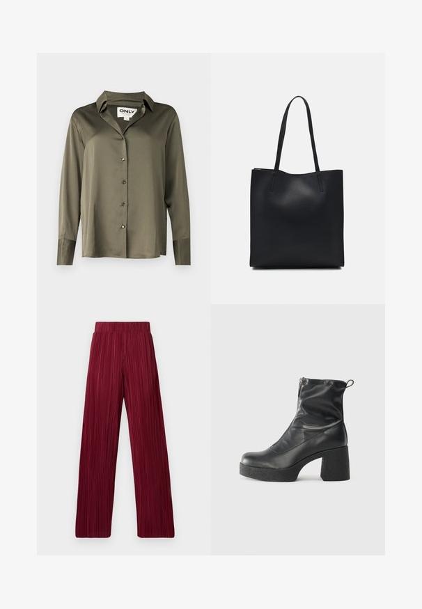 ONLY ONLGABBY SHIRT - Button-down blouse - kalamata; Maroon pleated wide-leg pants with an elastic waistband. Textured fabric features vertical stripes. Straight cut to the hem.; Black ankle boots made of smooth leather, featuring a side zipper, chunky textured heel, and rounded toe design.; Black leather tote bag with smooth texture, rectangular shape, and two long handles. No visible hardware or embellishments.